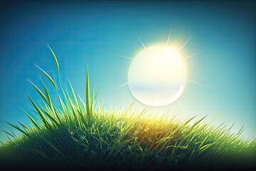 Poster - Summertime landscape illustration of a green grass field against a blue sky and a brilliant sun. Generative AI