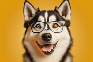 Canvas Print - On a sunny yellow background, a husky dog wears a pair of glasses and grins widely. Banner with an idea for going back to school. Generative AI