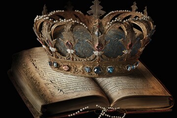 Wall Mural - modest depiction of a stunning diamond crown fit for a queen on an antique book. Filtered to look retro with a layer of glitter. One's attention is being narrowed down. Plane d'etude du Moyen ge