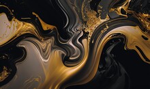  A Black, Gold And White Abstract Painting With A Black And Gold Swirl Pattern On It's Side And A Black Background With Gold Swirls.  Generative Ai