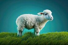 Newborn White Sheep Grazing On Green Grass In The Field. A Blue Backdrop. Concept Of Eid Al Adha. Generative AI