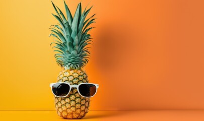 Wall Mural -  a pineapple wearing sunglasses on an orange background with a yellow wall in the back ground and a yellow wall in the back ground behind it.  generative ai