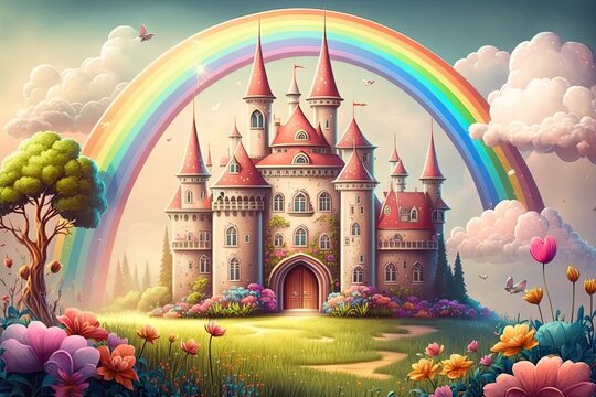 magical kingdom with a castle fit for a princess. beautiful flower meadow and old fashioned palace, 