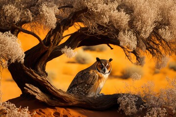 Poster - In the Kgalagadi Transfrontier Park, a lone Verreaux Eagle Owl (Bubo lacteus) rests in a Camelthorn Tree. Location South Africa. Generative AI