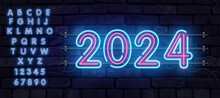 The Word 2024 Written Blue Gradient Neon Light Glowing In The Dark. Concept For New Year 2024.