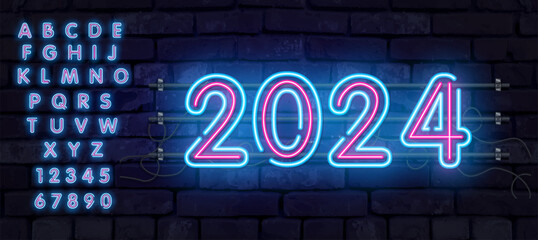 the word 2024 written blue gradient neon light glowing in the dark. concept for new year 2024.