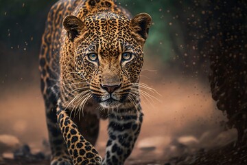 Canvas Print - During a monsoon season safari in the forest of central India, a wild male leopard or panther walks straight at the camera while making eye contact with the viewer. Generative AI