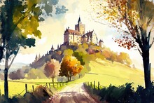 Exemplification Of A Picturesque Walk That Ends At The Hilltop Castle. Colorful Vegetation And Trees Frame A Castle In Watercolor. Generative AI