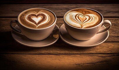  two cups of coffee with hearts on them on a wooden table with a heart drawn in the foam on the top of the cup and bottom of the cup.  generative ai