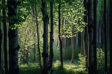 Wall Mural - Green deciduous forest during the summer. Images of tree trunks up close. Poorly lit scenery full of shadows. Conservation of natural resources and ecological balance. Generative AI