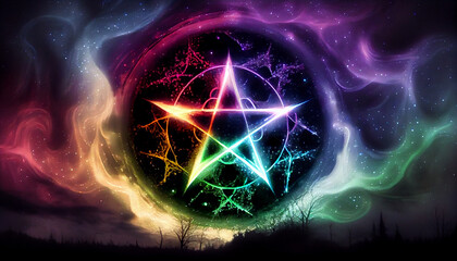 Wall Mural - orange flame pentagram neon plasma in sky