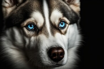 Wall Mural - Close up In this frontal shot, a Siberian Husky dog's blue eyes burst out of an otherwise black background. Generative AI
