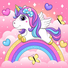 A Cute Cartoon White Unicorn With The Wings Flies In The Sky With Butterflies Surrounded By Hearts And Stars. Vector Illustration Of An Animal On A Pink Background With A Rainbow And Clouds.