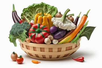 Poster - Delicious and nutritious fresh vegetables. Isolated on a white background, a basket of fresh veggies. Generative AI