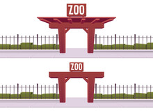 Zoo Entrance With Steel Fence And Wooden Gate Vector Illustration