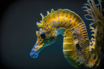 Poster - The longsnouted yellow seahorse. With a blue background in the aquarium. Generative AI