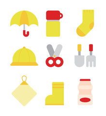 Wall Mural - A set of cute and simple icons for kindergarten, children, kids and toddler props concept. Umbrella, socks, scissors, hat, handkerchief, shoes, boots, drink, shovel, bucket.