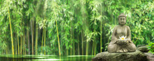 Meditating Buddha On A Rock In An Idyllic Bamboo Garden, Sunshine On Green Water Surface, Wallpaper Decoration For Spa, Wellness, Travel
