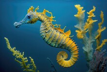 On A Blue Background, A Yellow Seahorse Swims. Generative AI