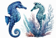 On A White Background, A Blue Sea Horse And Hippocampus Watercolor Illustration. Generative AI
