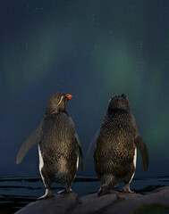 Wall Mural - rockhopper penguins watching aurora australis and stars in the sky on a romantic night