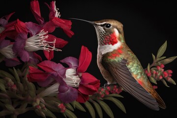 Canvas Print - Hummingbird's vigilance versus the wrath of the red snapdragon. Generative AI