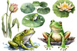 Funny frog watercolor set in different poses on a white background with a lotus leaf and flower. Illustration, generative AI