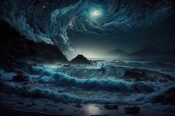 Wall Mural - oceanic night sky with stars and waves. generative ai