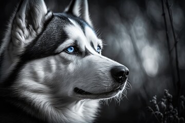 Wall Mural - Mood portrait of a husky. A black and white Siberian husky with blue eyes. Generative AI