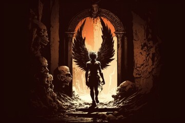 Wall Mural - Death's cherub waiting at the entrance to hell, in an illustration. Generative AI