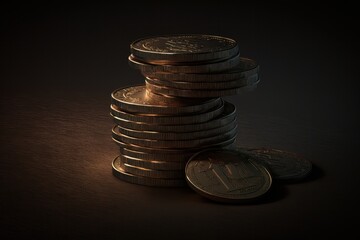 Fototapete - Golden coins stacked over a dark backdrop, representing a financial institution or a bank as a symbol of wealth and financial security. Generative AI