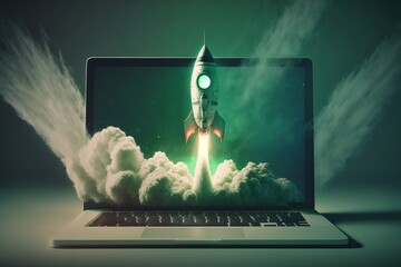 Poster - Illustration of rocket taking off from laptop screen. Generative AI