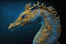Blue Background With A Yellow Brown Seahorse Profile. Generative AI