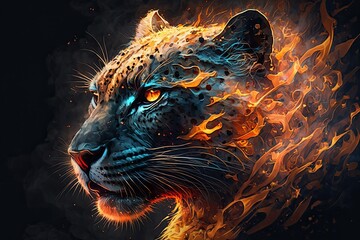 Canvas Print - digital painting of a flaming panther head panther head in flames. Generative AI