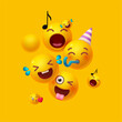 © feaspb - Joy, happy and fun. Yellow balls with faces. Emotion expression . Holiday, singing, joy, fun, party, laughter, music, concert, birthday, win and special offer.