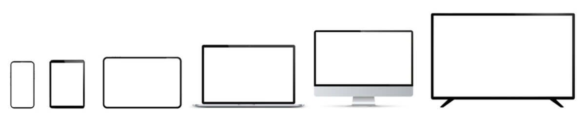 Wall Mural - Set of mockup technology devices with empty white display: TV, computer, laptop, tablet and mobile phone. Screen device mockup blank. Realistic media gadgets with white screen - vector