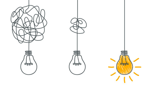 idea concept, creative of simplifying complex process lightbulb, bulb sign, innovations, untangled o