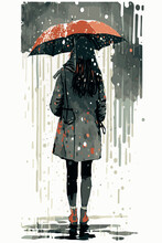 Sad Woman With An Umbrella Walking Under The Rain. Vector Art Of Cartoon Poster. Watercolor Painting Of Depressed Woman. Hand Drawn Young Lady Heartbroken. Illustration Of Depression. Moody Colors.