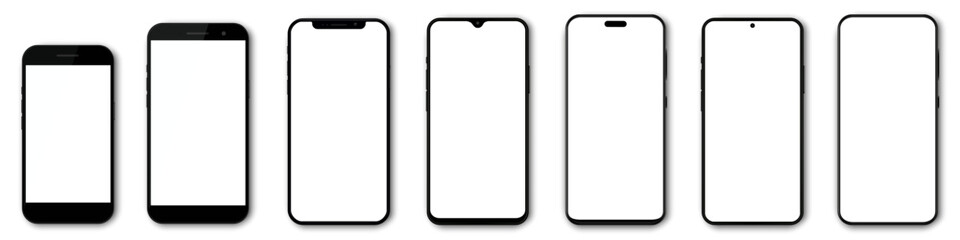 Poster - Set high quality realistic trendy different black models smartphone with white empty touch screen and shadow front view. Detailed mockup smartphone, model 3D mobile phone, ui, ux, front view - vector
