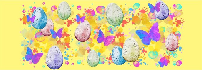 Wall Mural - Watercolour Easter Spring pattern with eggs, splashes, butterflies. Yellow background.