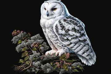 Wall Mural - an arctic owl that is white in color. Painting in watercolor. Snow owls perch on a tree limb. Lovely untamed bird from the Arctic. Birds depicted with a high degree of realism. White arctic bird isola