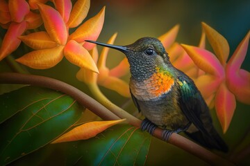 Canvas Print - Adorable baby Copper rumped hummingbird enjoying a bright day in a tropical garden, as it feasts on Pride of Barbados blossoms. Generative AI