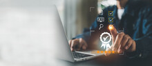 Businessman Working With Computers  Service Quality Assurance, Guarantee, Standards, ISO .