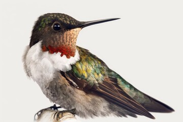 Poster - A male juvenile Ruby throated Hummingbird poses against a white background. Generative AI