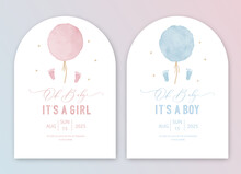 Cute Baby Shower Watercolor Invitation Card For Baby And Kids New Born Celebration. Its A Girl, Its A Boy Card With Pink And Blue Balloon.