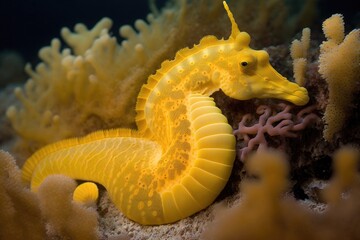 Canvas Print - An endangered yellow big bellied sea horse lazily lounges on coral. Generative AI