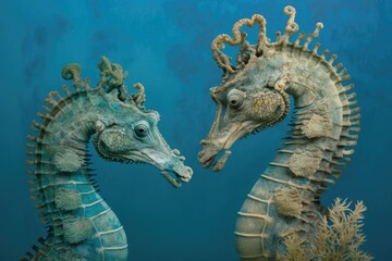 Wall Mural - A mated pair of seahorses. Algae covered seahorse on a blue background. Intimate horizontal photograph. Generative AI