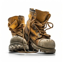 A pair of used and worn construction boots, covered in dirt and grime from hard work on the job site isolated on a white background, generative ai