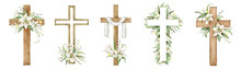A Set Of Christian Crosses Made Of Green Leaves And White Lily Flowers. Watercolor Illustration For Easter, Epiphany, Christening, Invitations, Postcards, Packaging.