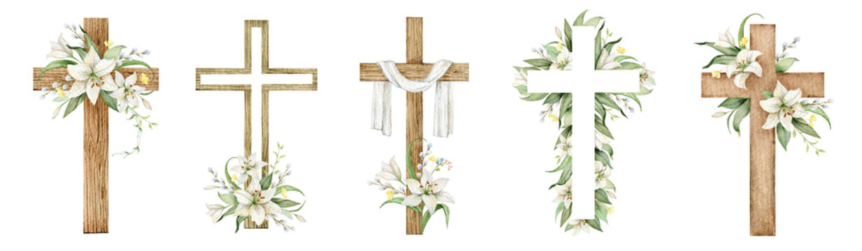 a set of christian crosses made of green leaves and white lily flowers. watercolor illustration for 
